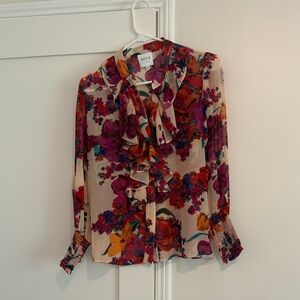 Misa Los Angeles Cream Blouse with Pink & Orange Floral Ruffle